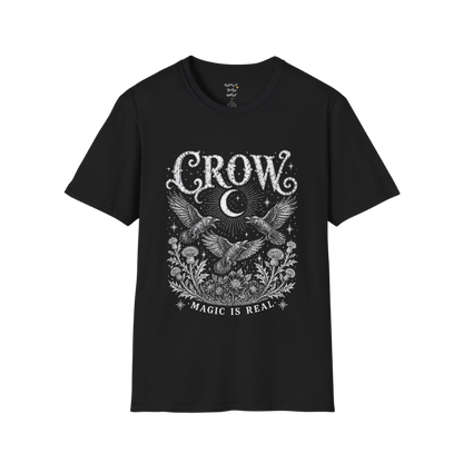 Ramro Yoga Wear Crow tee in Black — crow crescent moon botanical vintage engraving, flat lay product shot