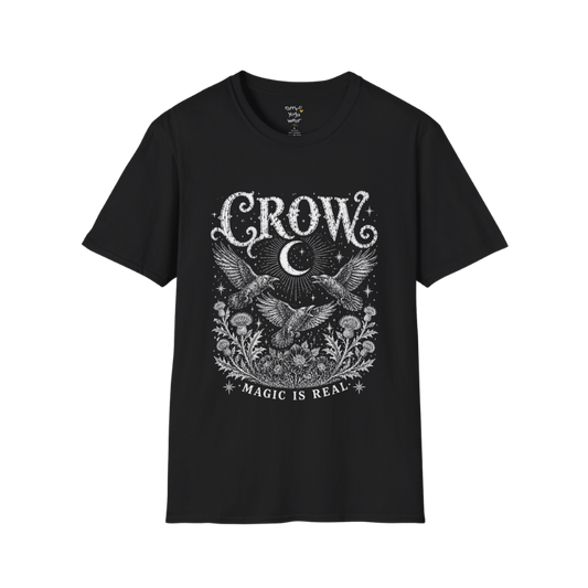 Ramro Yoga Wear Crow tee in Black — crow crescent moon botanical vintage engraving, flat lay product shot