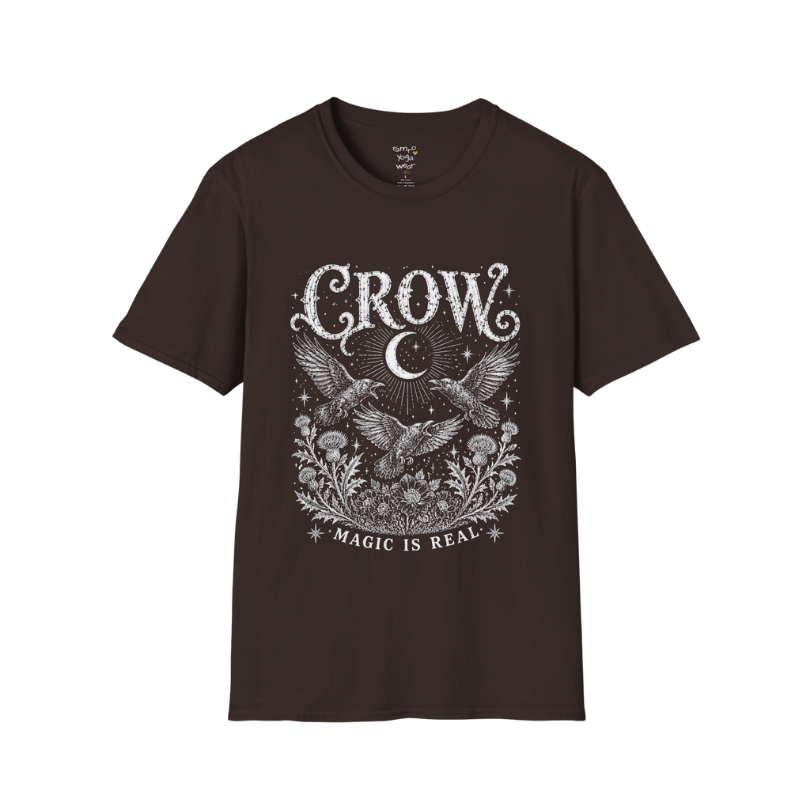 Ramro Yoga Wear Crow tee in Dark Chocolate — crow crescent moon botanical vintage engraving, flat lay product shot