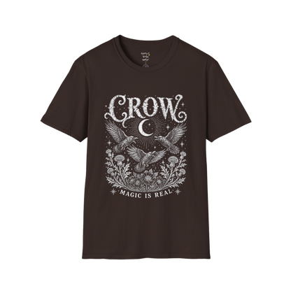 Ramro Yoga Wear Crow tee in Dark Chocolate — crow crescent moon botanical vintage engraving, flat lay product shot