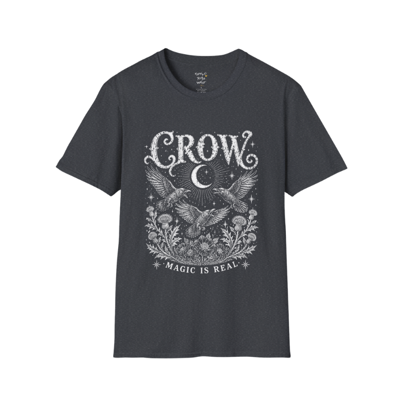 Ramro Yoga Wear Crow tee in Dark Heather Grey — crow crescent moon botanical vintage engraving, flat lay product shot