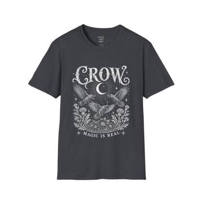 Ramro Yoga Wear Crow tee in Dark Heather Grey — crow crescent moon botanical vintage engraving, flat lay product shot