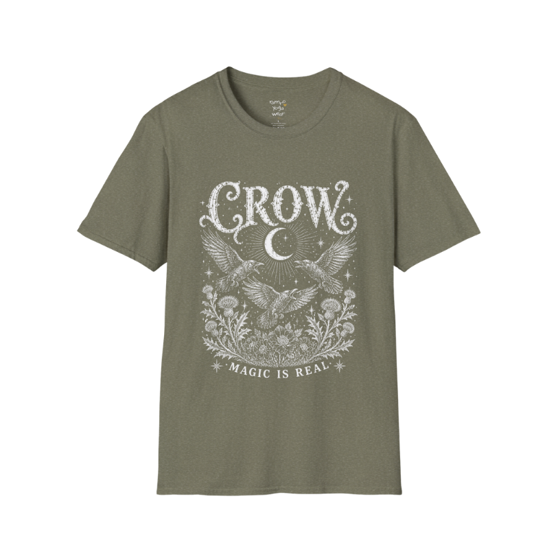 Ramro Yoga Wear Crow tee in Heather Military Green — crow crescent moon botanical vintage engraving, flat lay product shot