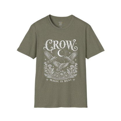 Ramro Yoga Wear Crow tee in Heather Military Green — crow crescent moon botanical vintage engraving, flat lay product shot