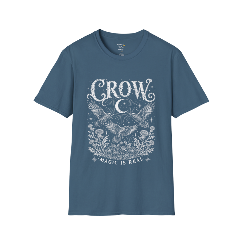 Ramro Yoga Wear Crow tee in Indigo Blue — crow crescent moon botanical vintage engraving, flat lay product shot