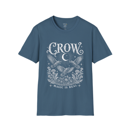 Ramro Yoga Wear Crow tee in Indigo Blue — crow crescent moon botanical vintage engraving, flat lay product shot