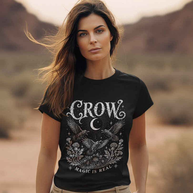 Ramro Yoga Wear Crow tee in Black — lifestyle shot, desert mountains, crow crescent moon botanical vintage engraving