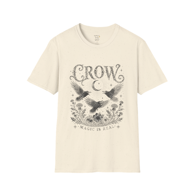 Ramro Yoga Wear Crow tee in Natural — crow crescent moon botanical vintage engraving, flat lay product shot
