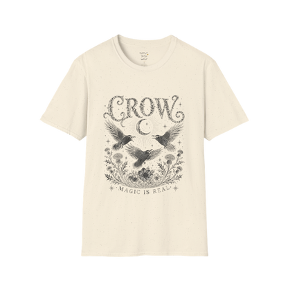 Ramro Yoga Wear Crow tee in Natural — crow crescent moon botanical vintage engraving, flat lay product shot