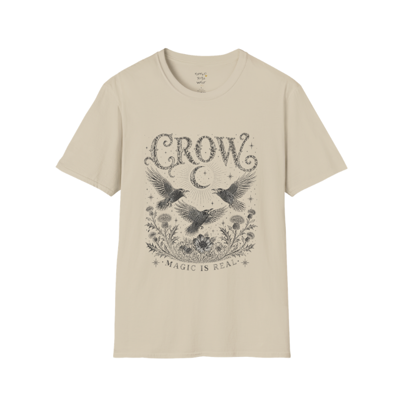 Ramro Yoga Wear Crow tee in Sand — crow crescent moon botanical vintage engraving, flat lay product shot