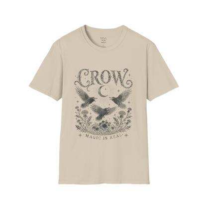 Ramro Yoga Wear Crow tee in Sand — crow crescent moon botanical vintage engraving, flat lay product shot