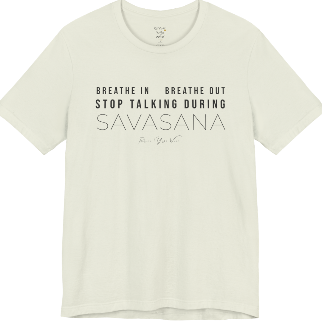 BREATHE IN BREATHE OUT STOP TALKING DURING SAVASANA yoga teacher gift tee flat lay in Citron — Yoga Teacher Gifts collection by Ramro Yoga Wear