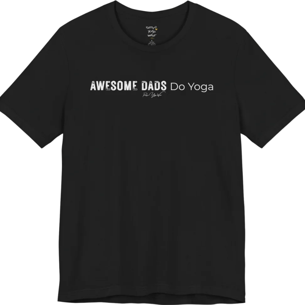 A short sleeved tee called the Dads T-Shirt, flat lay and a soft cotton blend shirt. Simply says, Awesome Dads Do Yoga. Design highlights bold distressed block lettering for Awesome Dads beside lighter thin lettering for Do Yoga, with a small script signature underneath. Color is Black.