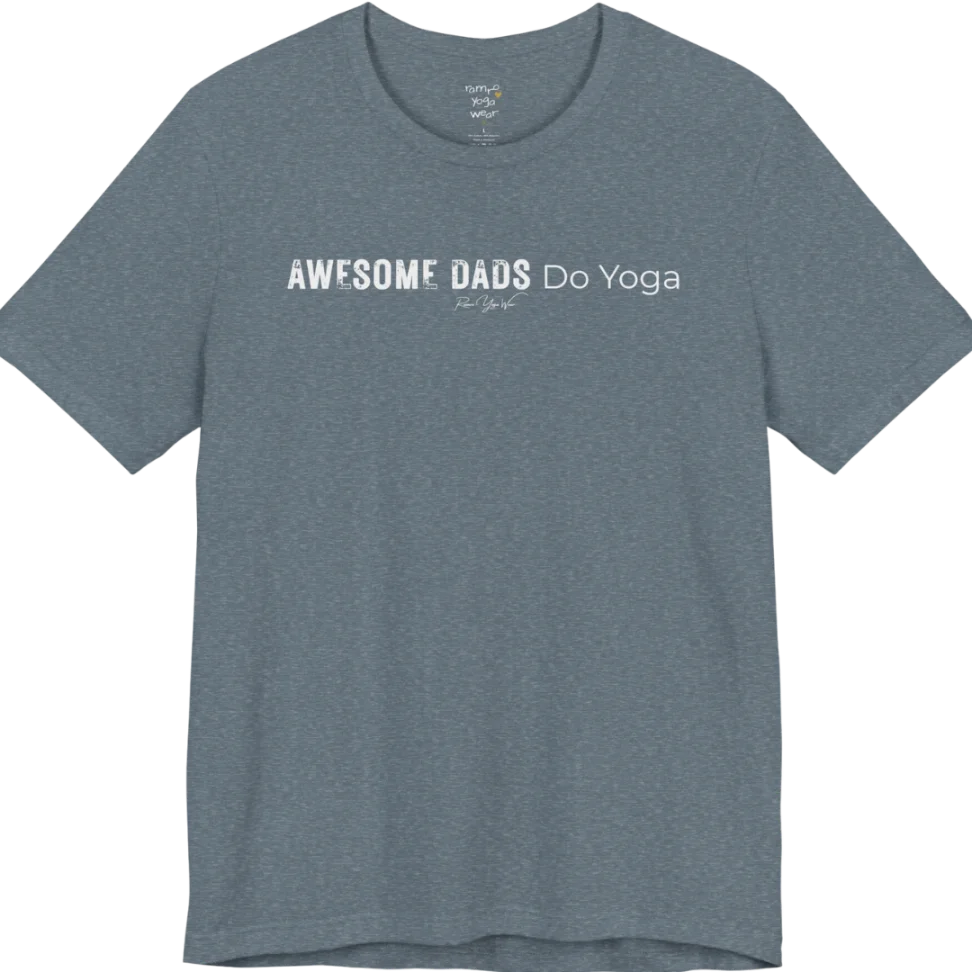 A short sleeved tee called the Dads T-Shirt, flat lay and a soft cotton blend shirt. Simply says, Awesome Dads Do Yoga. Design highlights bold distressed block lettering for Awesome Dads beside lighter thin lettering for Do Yoga, with a small script signature underneath. Color is Heather Slate.