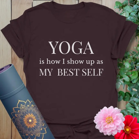 Dark Chocolate Best Self T-Shirt featuring a calm yoga affirmation in a rich, grounding tone.