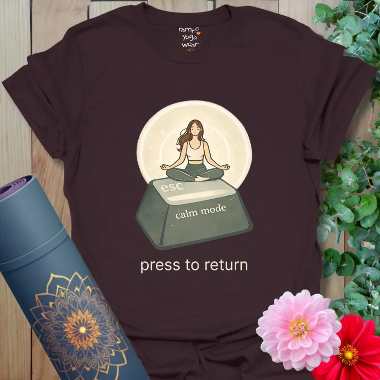 Dark Chocolate Esc T-Shirt with meditating figure on escape key and calm mode text. Mindful yoga-inspired graphic tee.