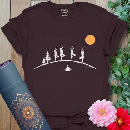 Dark Chocolate Tree Line T-Shirt with minimalist white yoga figures in Tree Pose and sun motif. Calm, grounding yoga shirt.