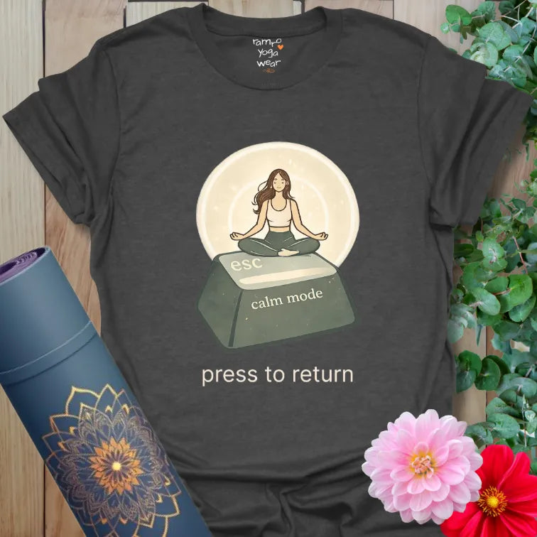 Dark Heather Grey Esc T-Shirt showcasing a calming escape key meditation design. Everyday yoga lifestyle tee.