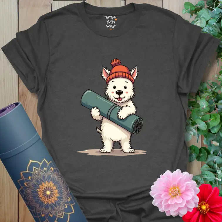 Dark Heather Grey Hamish T-Shirt with a Westie holding a yoga mat in a playful and mindful design.