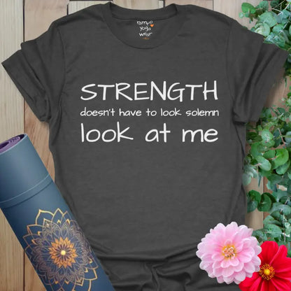 Dark Heather Grey Look At Me T-Shirt with yoga inspired typography celebrating grounded strength.