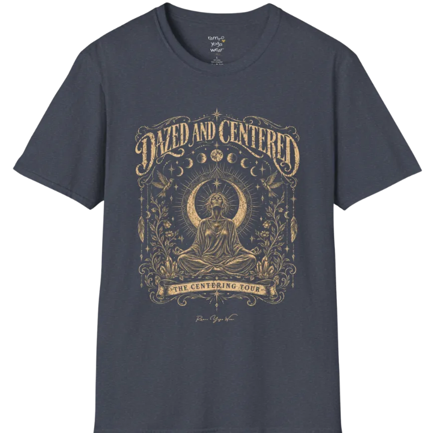 A short sleeved tee called the Dazed T-Shirt, flat lay and a soft cotton shirt. Simply says, Dazed and Centered, The Centering Tour. Design highlights a person meditating in lotus pose before a crescent moon with a mandala and radiating rays, framed by moon phases, songbirds, climbing vines, hanging feathers and crystals. Color is Heather Navy.