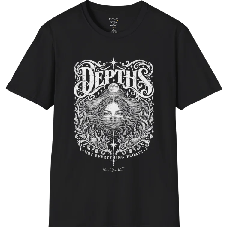 Short sleeved tee, illustration of a  woman submerged to the eyes in water, hair flowing into seaweed and shells, a full moon above her and stars scattered throughout, framed by ornate botanical linework. Depths T-Shirt flat lay is a Gildan 64000 and the color is Black.