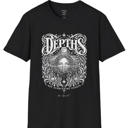 Short sleeved tee, illustration of a  woman submerged to the eyes in water, hair flowing into seaweed and shells, a full moon above her and stars scattered throughout, framed by ornate botanical linework. Depths T-Shirt flat lay is a Gildan 64000 and the color is Black.