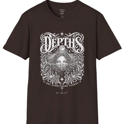 Short sleeved tee, illustration of a  woman submerged to the eyes in water, hair flowing into seaweed and shells, a full moon above her and stars scattered throughout, framed by ornate botanical linework. Depths T-Shirt flat lay is a Gildan 64000 and the color is Dark Chocolate.