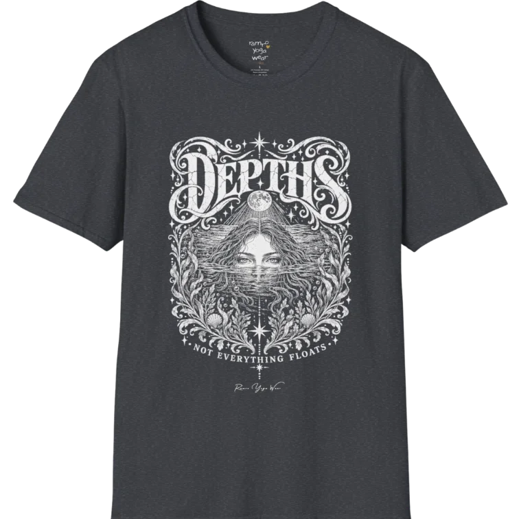 Short sleeved tee, illustration of a  woman submerged to the eyes in water, hair flowing into seaweed and shells, a full moon above her and stars scattered throughout, framed by ornate botanical linework. Depths T-Shirt flat lay is a Gildan 64000 and the color is Dark Heather Grey.