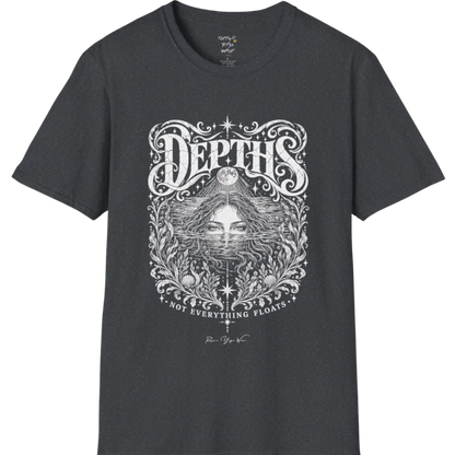 Short sleeved tee, illustration of a  woman submerged to the eyes in water, hair flowing into seaweed and shells, a full moon above her and stars scattered throughout, framed by ornate botanical linework. Depths T-Shirt flat lay is a Gildan 64000 and the color is Dark Heather Grey.