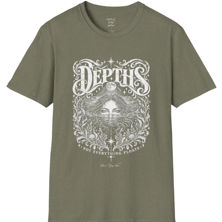 Short sleeved tee, illustration of a  woman submerged to the eyes in water, hair flowing into seaweed and shells, a full moon above her and stars scattered throughout, framed by ornate botanical linework. Depths T-Shirt flat lay is a Gildan 64000 and the color is Heather Military Green.