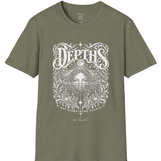 Short sleeved tee, illustration of a  woman submerged to the eyes in water, hair flowing into seaweed and shells, a full moon above her and stars scattered throughout, framed by ornate botanical linework. Depths T-Shirt flat lay is a Gildan 64000 and the color is Heather Military Green.
