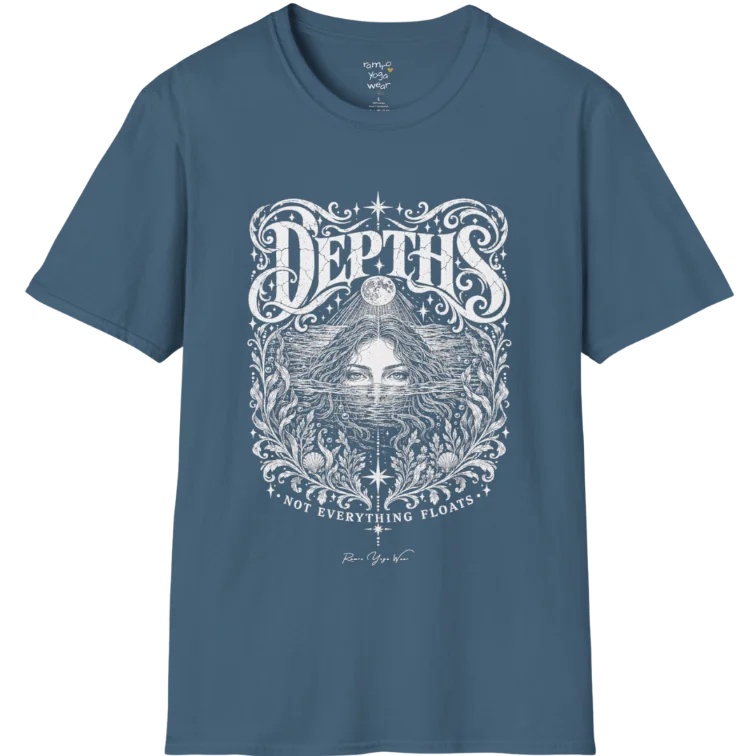 Short sleeved tee, illustration of a  woman submerged to the eyes in water, hair flowing into seaweed and shells, a full moon above her and stars scattered throughout, framed by ornate botanical linework. Depths T-Shirt flat lay is a Gildan 64000 and the color is Indigo Blue.