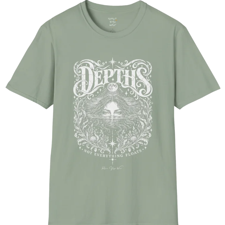 Short sleeved tee, illustration of a  woman submerged to the eyes in water, hair flowing into seaweed and shells, a full moon above her and stars scattered throughout, framed by ornate botanical linework. Depths T-Shirt flat lay is a Gildan 64000 and the color is Sage.