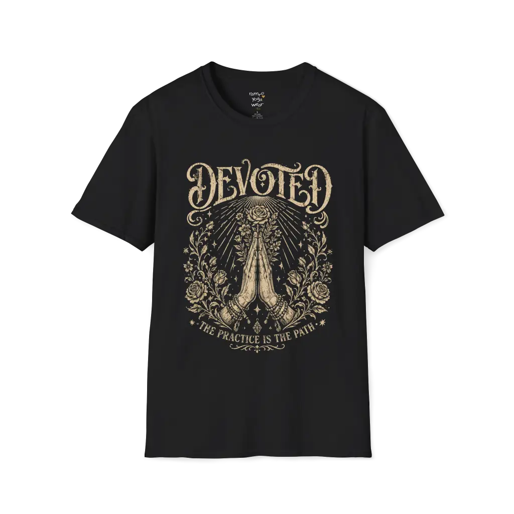 Black Devoted T-Shirt featuring mystical engraved artwork with sacred spiritual detailing and vintage-inspired etched illustration styling.