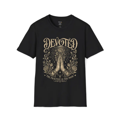 Black Devoted T-Shirt featuring mystical engraved artwork with sacred spiritual detailing and vintage-inspired etched illustration styling.