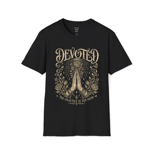 Black Devoted T-Shirt featuring mystical engraved artwork with sacred spiritual detailing and vintage-inspired etched illustration styling.