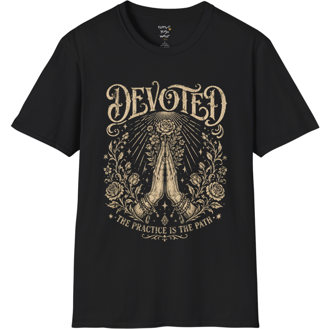 Black Devoted T-Shirt featuring mystical engraved artwork with sacred spiritual detailing and vintage-inspired etched illustration styling.