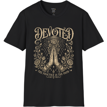 Black Devoted T-Shirt featuring mystical engraved artwork with sacred spiritual detailing and vintage-inspired etched illustration styling.