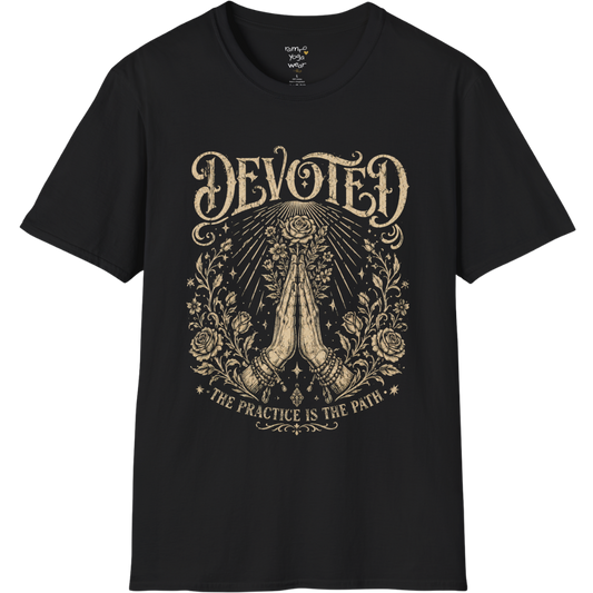 Black Devoted T-Shirt featuring mystical engraved artwork with sacred spiritual detailing and vintage-inspired etched illustration styling.