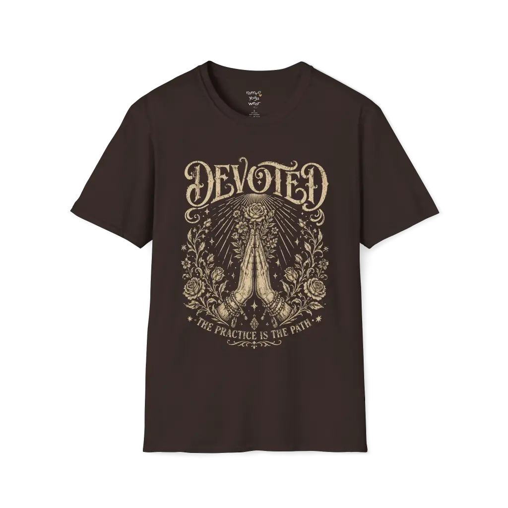 Dark Chocolate Devoted T-Shirt with intricate mystical etching artwork inspired by devotion, ritual, and spiritual symbolism.
