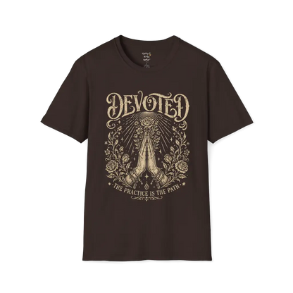 Dark Chocolate Devoted T-Shirt with intricate mystical etching artwork inspired by devotion, ritual, and spiritual symbolism.