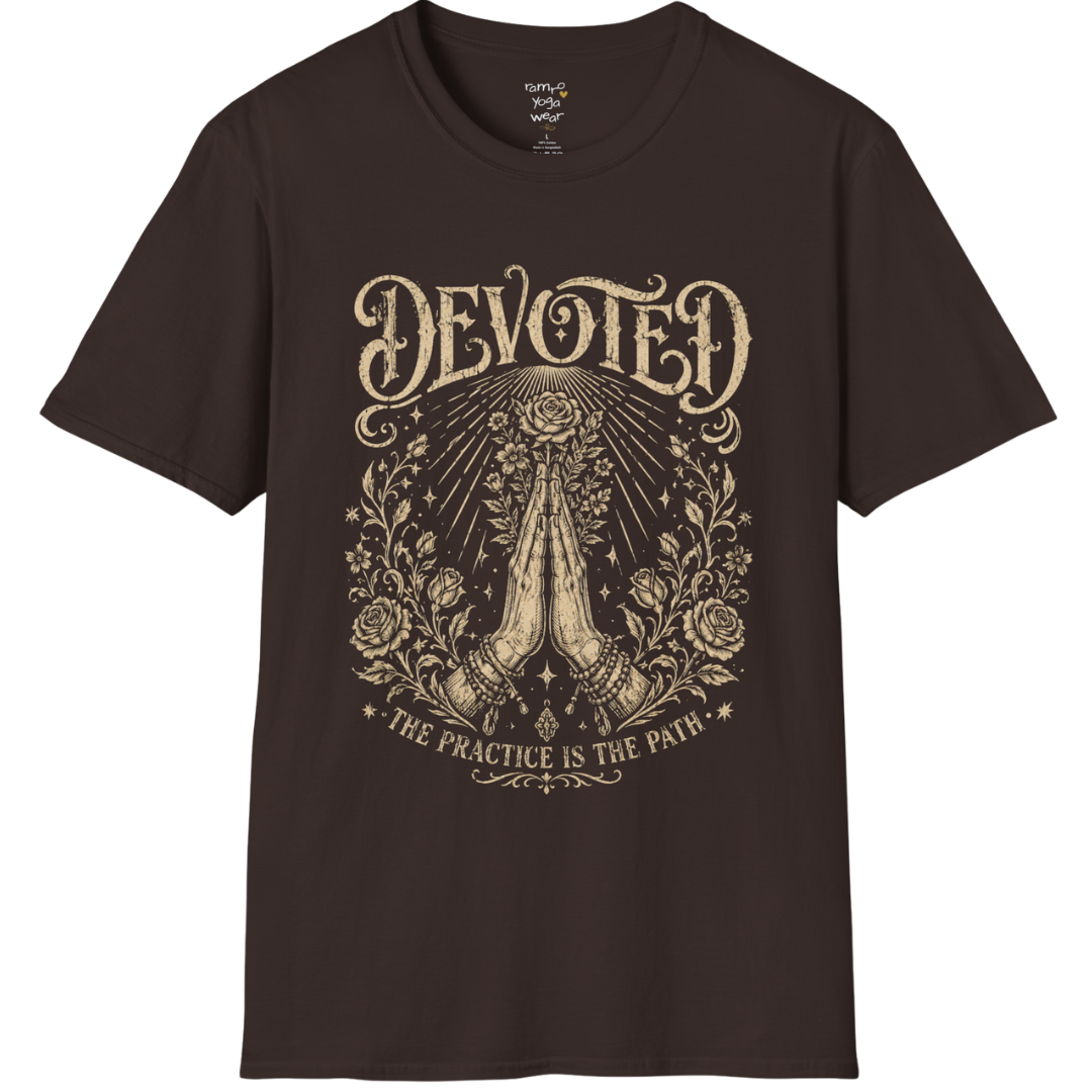 Dark Chocolate Devoted T-Shirt with intricate mystical etching artwork inspired by devotion, ritual, and spiritual symbolism.