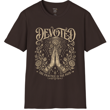 Dark Chocolate Devoted T-Shirt with intricate mystical etching artwork inspired by devotion, ritual, and spiritual symbolism.