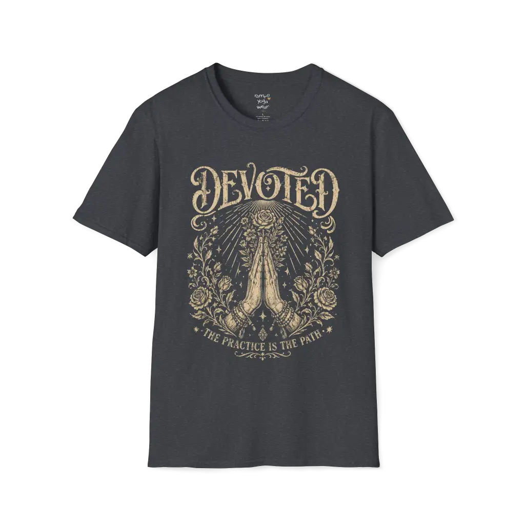 Dark Heather Grey Devoted T-Shirt featuring vintage-style mystical line art with ornate spiritual detailing and sacred symbolism.