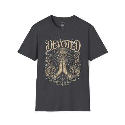 Dark Heather Grey Devoted T-Shirt featuring vintage-style mystical line art with ornate spiritual detailing and sacred symbolism.
