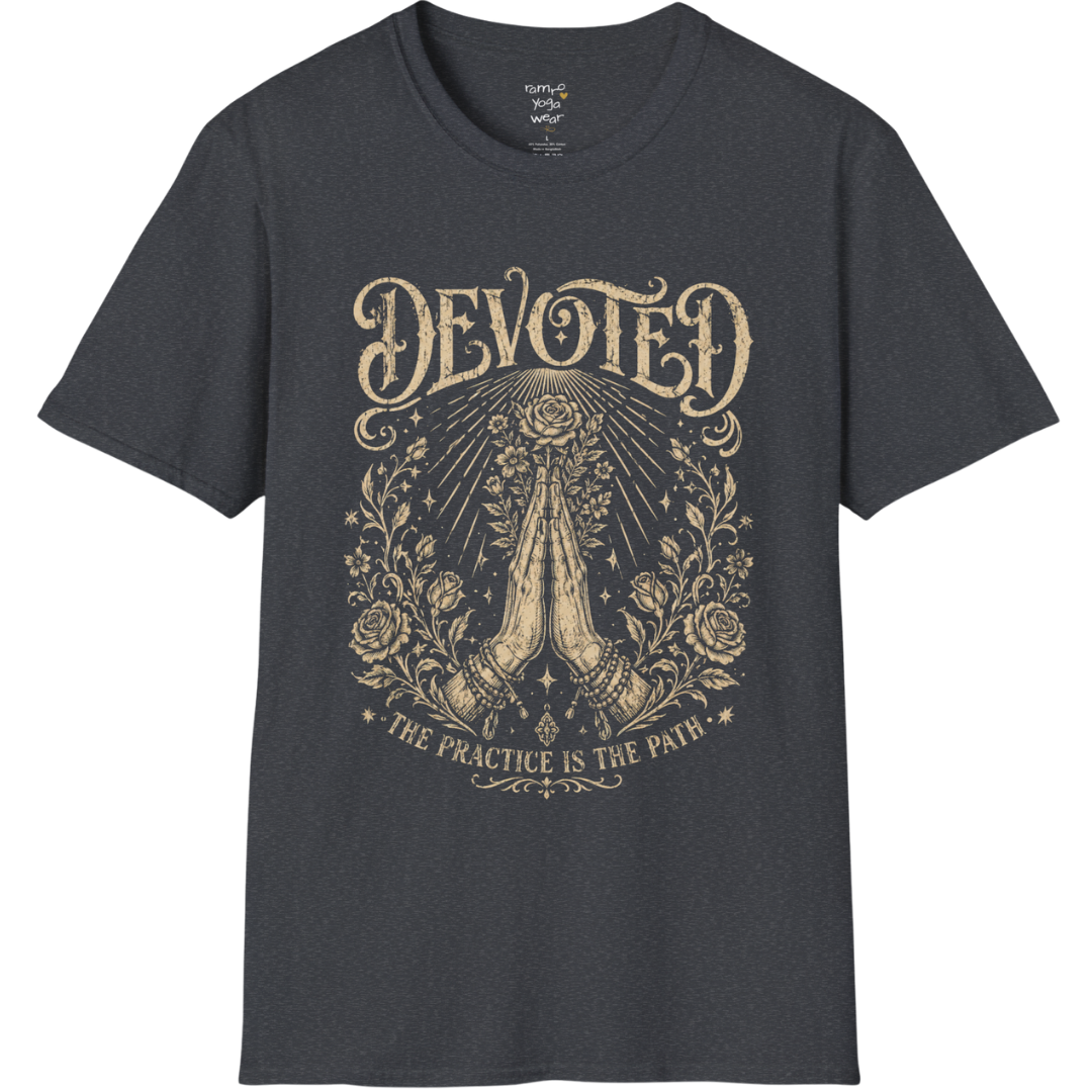 Dark Heather Grey Devoted T-Shirt featuring vintage-style mystical line art with ornate spiritual detailing and sacred symbolism.