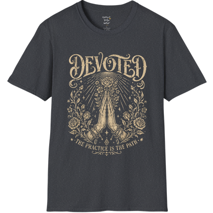 Dark Heather Grey Devoted T-Shirt featuring vintage-style mystical line art with ornate spiritual detailing and sacred symbolism.