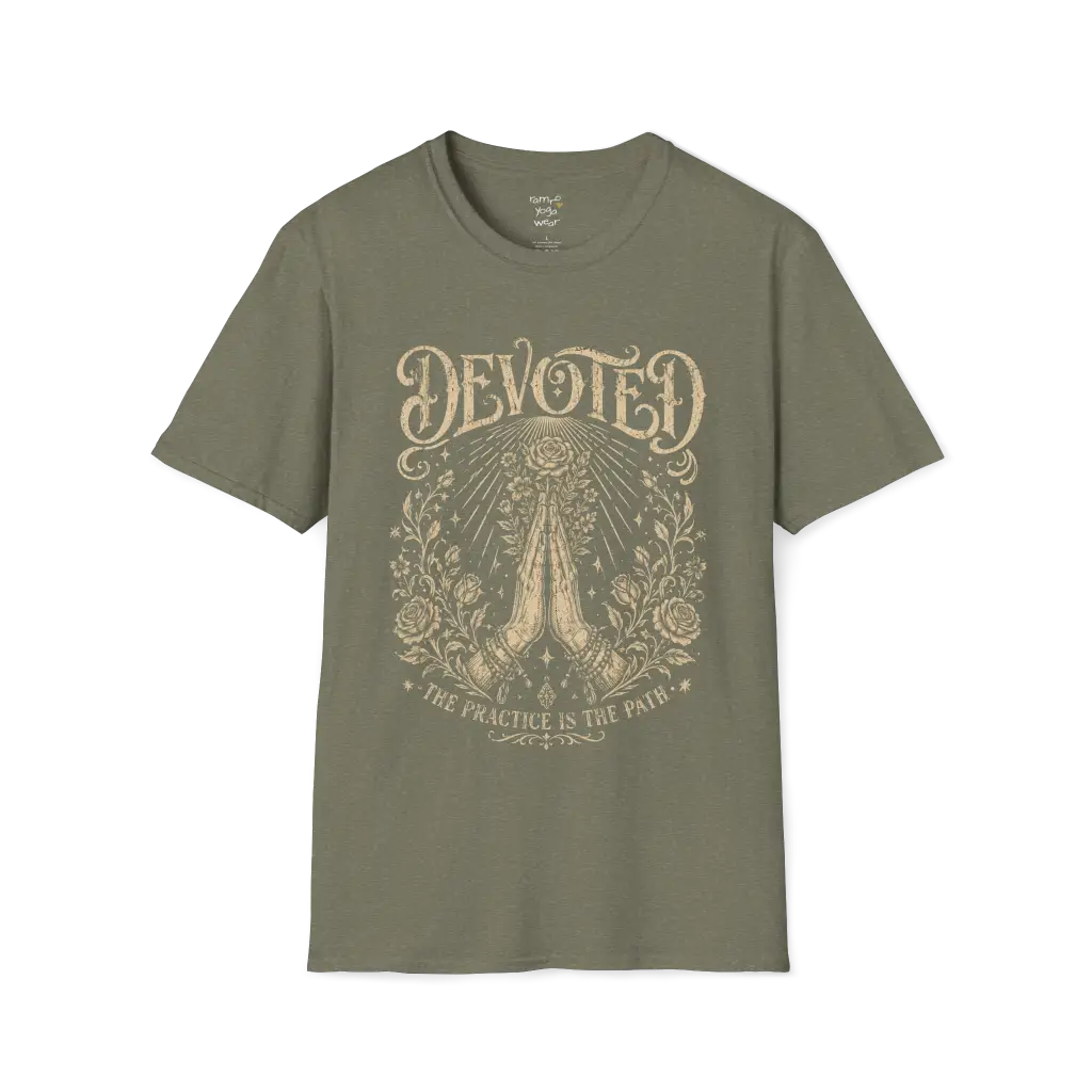 Heather Military Green Devoted T-Shirt with detailed engraved spiritual artwork inspired by mysticism, devotion, and mindful living.