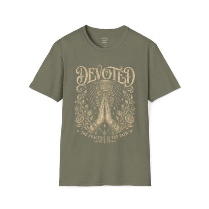 Heather Military Green Devoted T-Shirt with detailed engraved spiritual artwork inspired by mysticism, devotion, and mindful living.